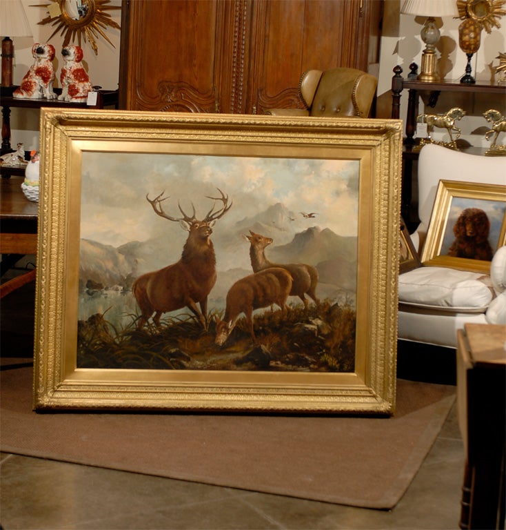 Very large oil painting of stag in landscape