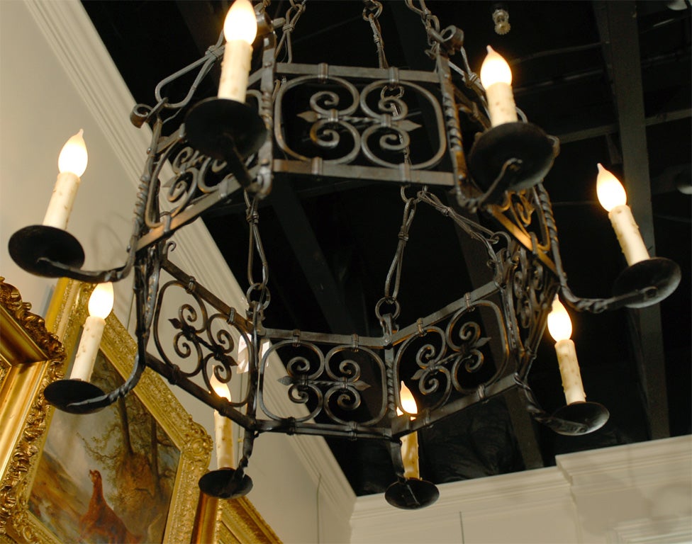 French Vintage Eight-Light Iron Round Chandelier with C-Scroll Motifs For Sale 2