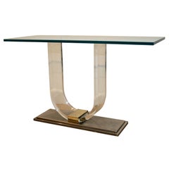 A Lucite, Glass and Metal Console.