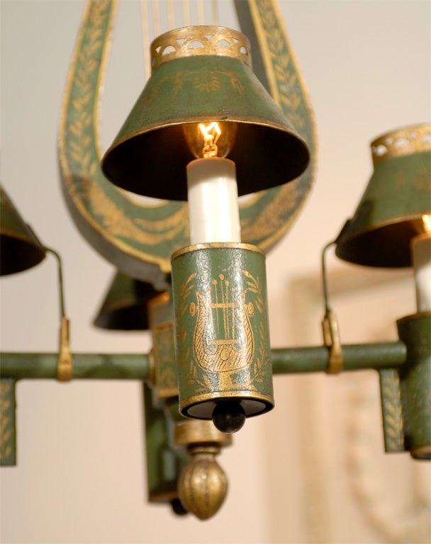 19th Century French Neoclassical Style Painted Tôle Four-Light Chandelier with Lyre Motif