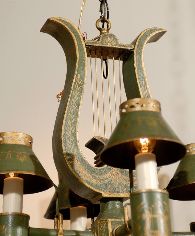 French Neoclassical Style Painted Tôle Four-Light Chandelier with Lyre Motif 1