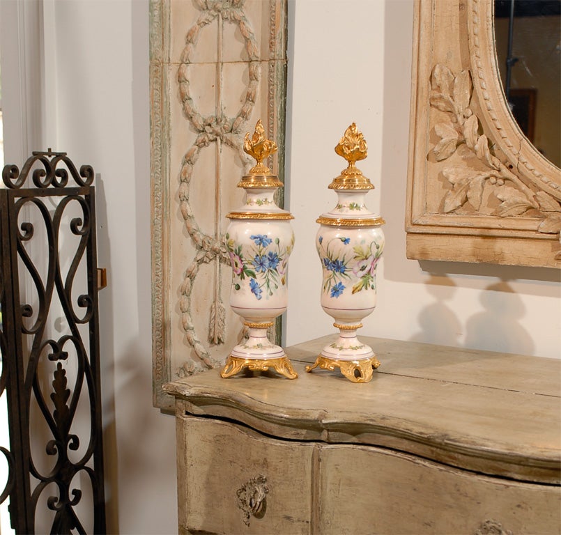 Pair of 19th Century French porcelain flambeaus with floral painting & brass fittings - c. 1870, One of a kind.  Visit our site at www.jadamsantiques.com