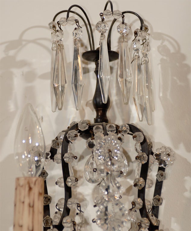 Pair of French, 1890s Rococo Style Two-Light Crystal Sconces Wired for the US For Sale 1