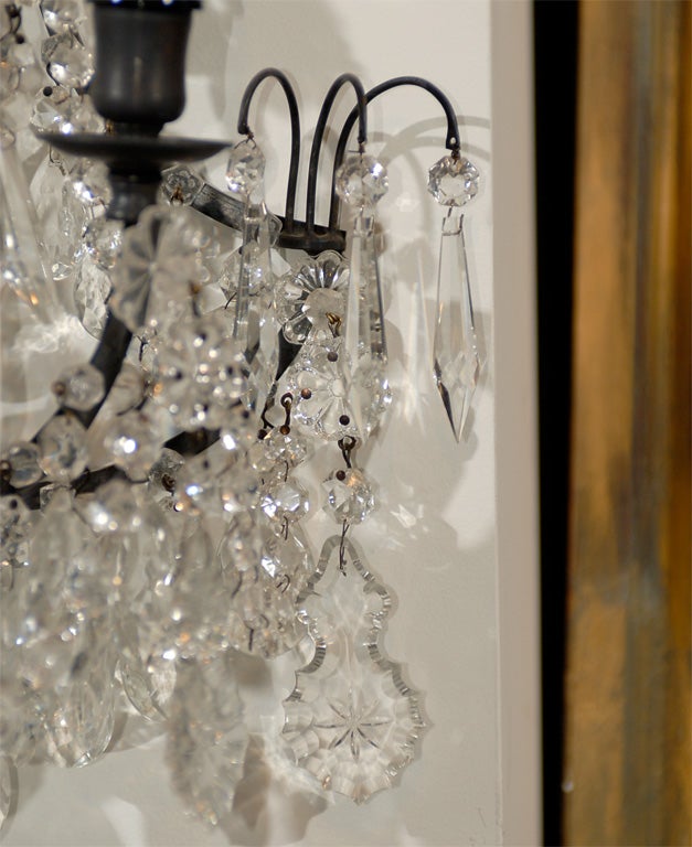 Pair of French, 1890s Rococo Style Two-Light Crystal Sconces Wired for the US For Sale 3