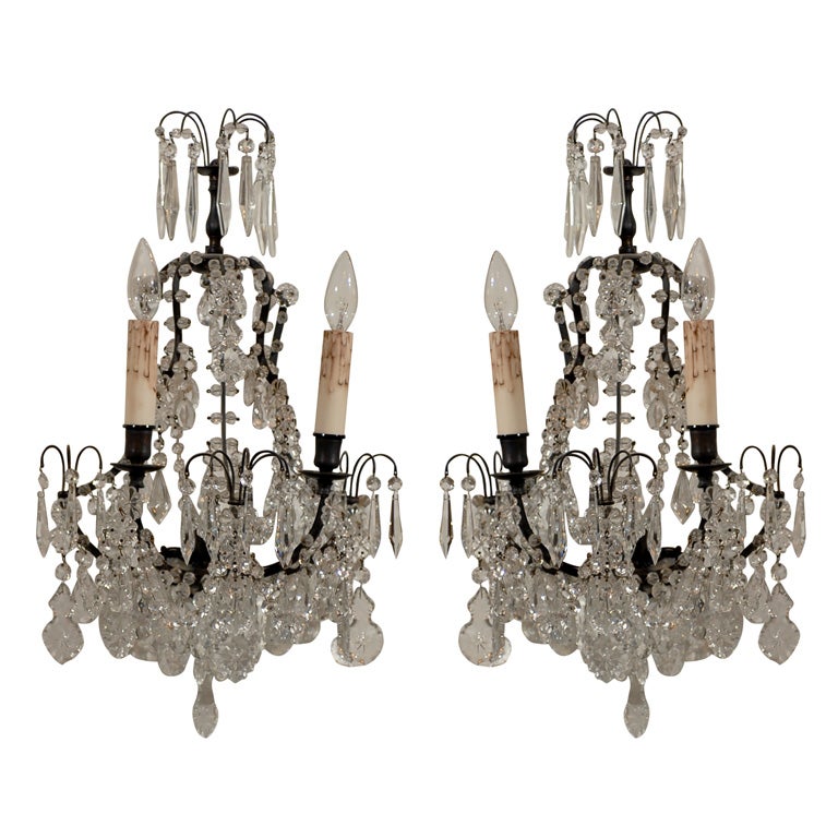 Pair of French, 1890s Rococo Style Two-Light Crystal Sconces Wired for the US For Sale