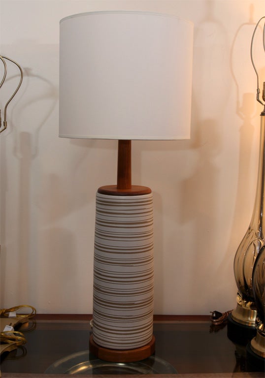 Monumental Gordon Martz Striped Ceramic Lamp on Walnut Base