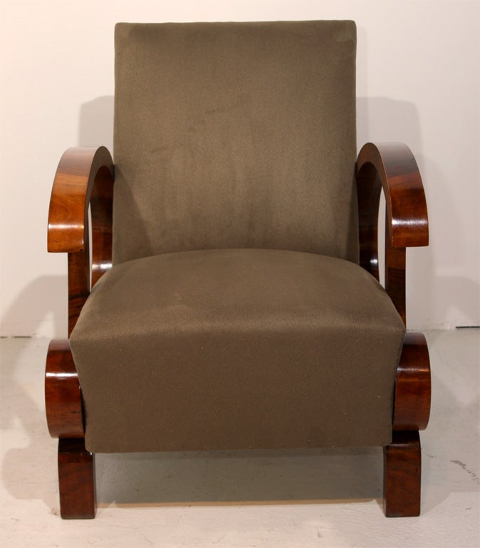 Mid-20th Century Pair of  Art Deco Burl Walnut Open Arm Chairs
