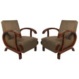 Pair of  Art Deco Burl Walnut Open Arm Chairs
