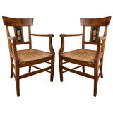 Antique Pair of 19th Century French Walnut Rush Seat  Armchairs