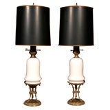 Pair of French White Opaline Oil Lamps, Circa 1860