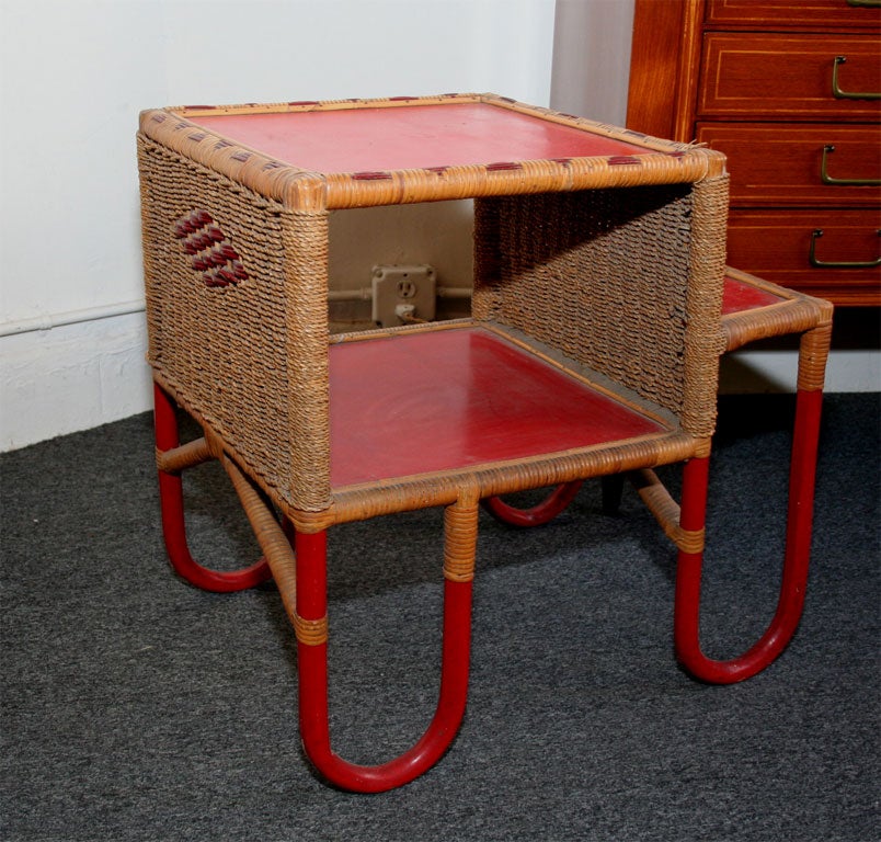 Exciting three-piece art deco set in wicker and hemp, designed by Mario Rappini made in Italy 1928-1930. Wicker and hemp on bentwood frame. Armchair, foot stool and table in excellent condition. Tag on back of chair reads premiata. Societa friuiana