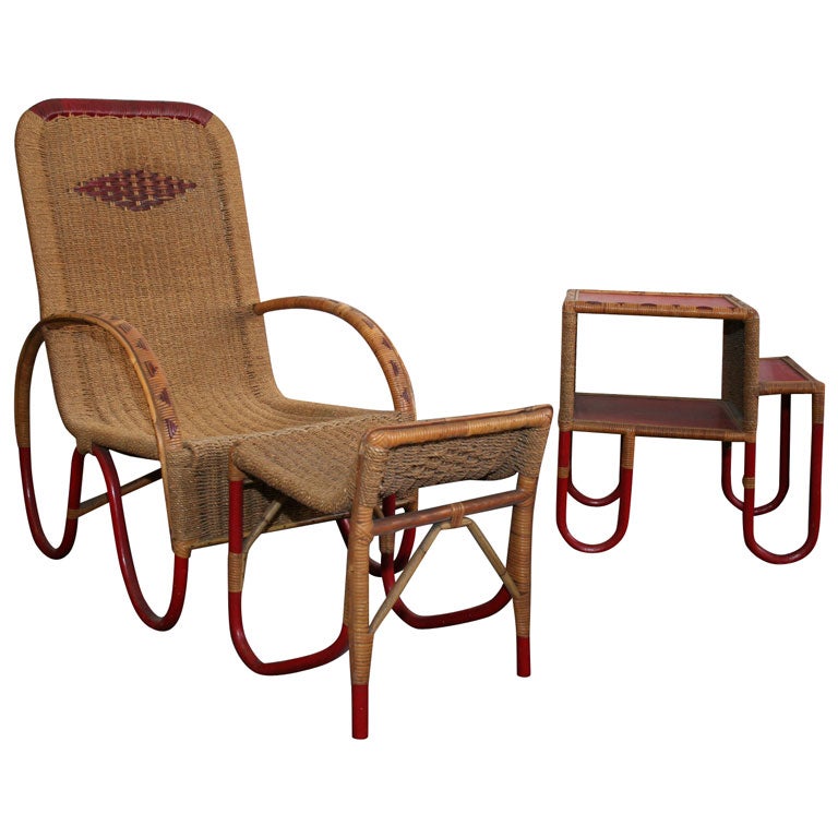 Exciting three-piece art deco set in wicker and hemp, designed by Mario Rappini For Sale
