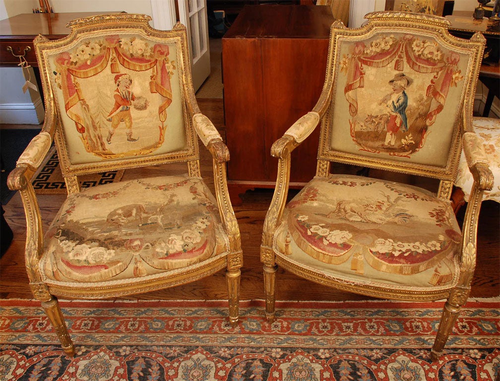 Pair of Louis XVI Giltwood Armchairs with Aubusson Tapestry