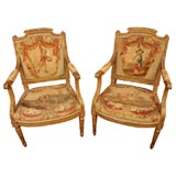 Pair of Louis XVI Giltwood Armchairs with Aubusson Tapestry