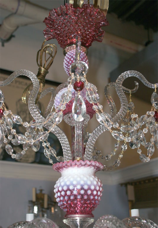 Whimsical Cranberry Glass chandelier attributed to Fenton  co. 3