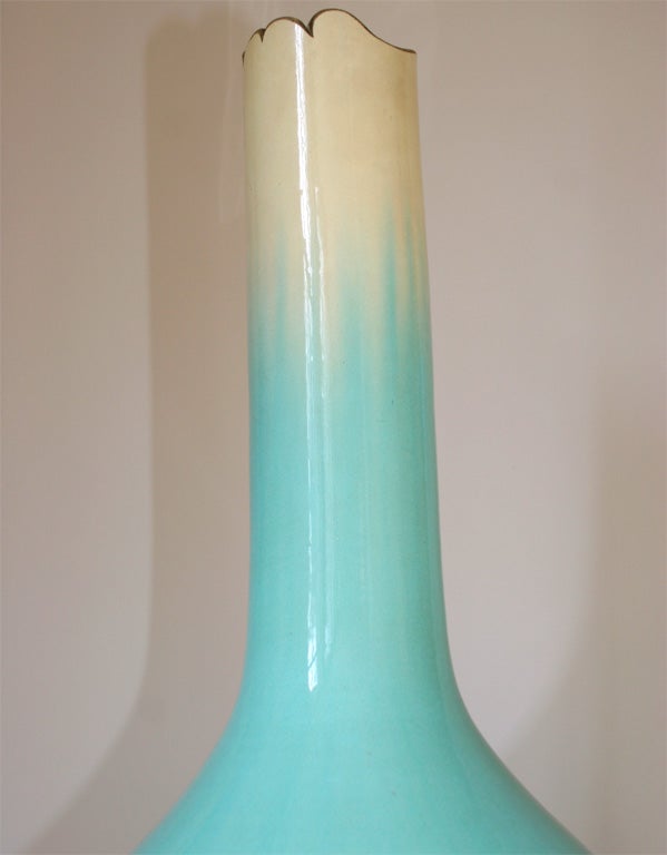 20th Century Large Japanese Turquoise Kyoto Point Bottle with Modified Mouth