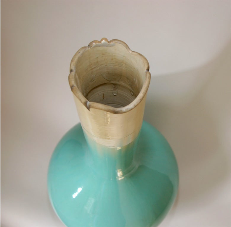 Pottery Large Japanese Turquoise Kyoto Point Bottle with Modified Mouth