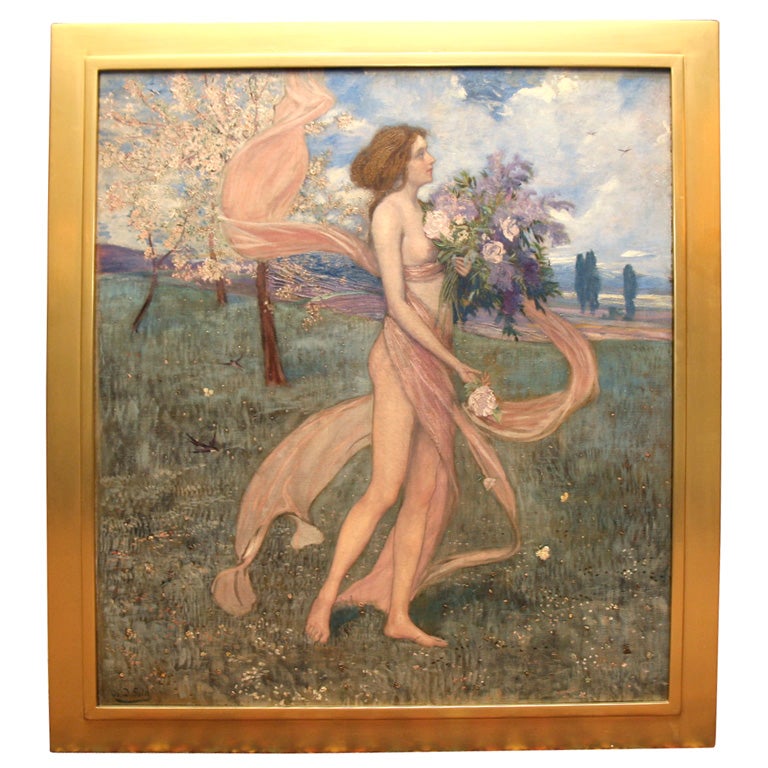 Art Nouveau Painting by Alexander Goltz, "Fruhling" For Sale