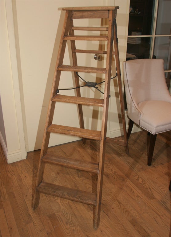 Six rung antique ladder with iron hardware and patent plaque.