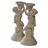 Pair of Minton Salt-Glazed Figural Candlesticks