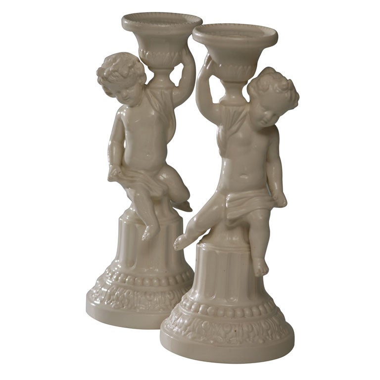 Pair of Minton Salt-Glazed Figural Candlesticks For Sale