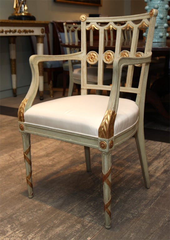 A Set of Eight Neoclassical Blue Painted and Parcel Gilt Dining