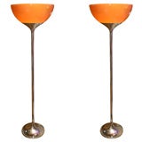 Pair of chrome torchiere floor lamps with orange shade
