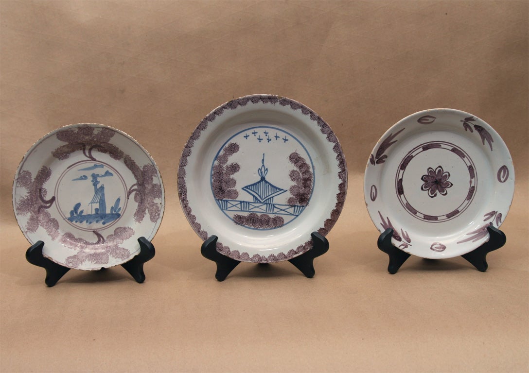 Three 18th Century English Delft Manganese and Blue Plates