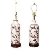 Vintage Guido Gambone Matched Pair Of Hand Painted Italian Ceramic Lamps