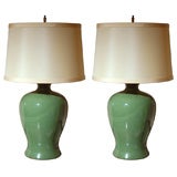 Asian inspired blue/green vase-like lamps with cream shade