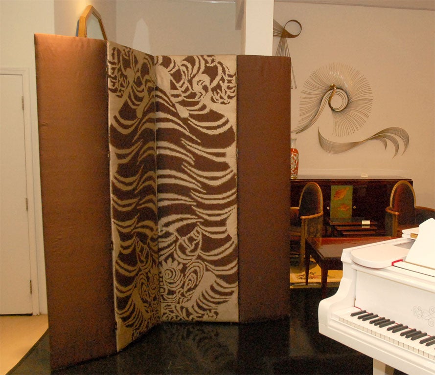 French Silk Upholstered Screen with Asian Tiger Motif