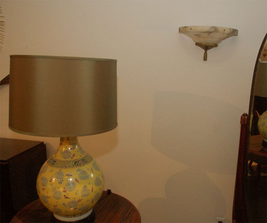 French Pair of Art Deco Alabaster and Brass Sconces