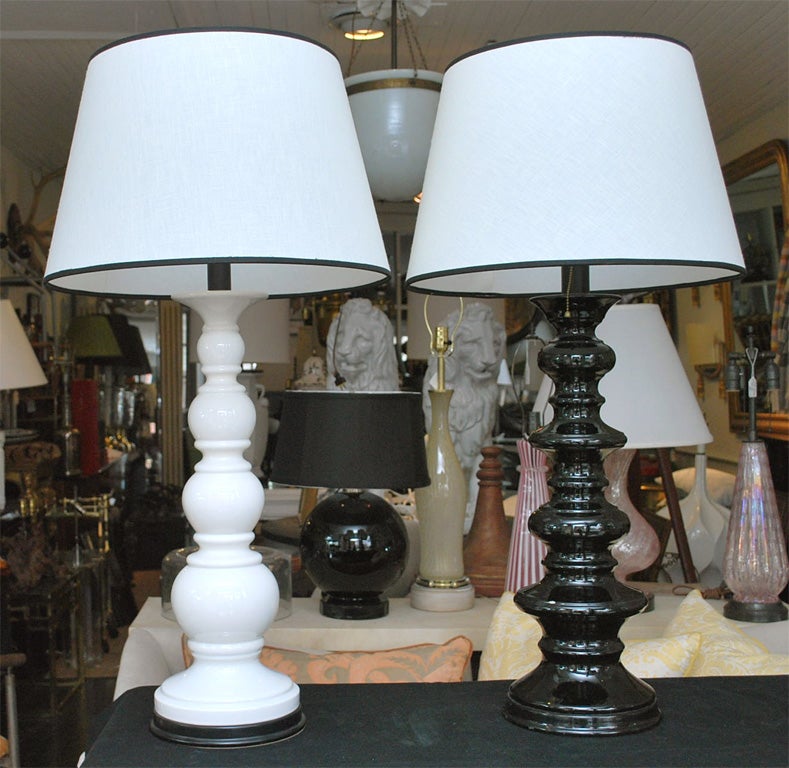 Off Pair of Black and White Lamps with Matching Shades