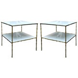 Pair of Brass Bamboo and Milk Glass Tables