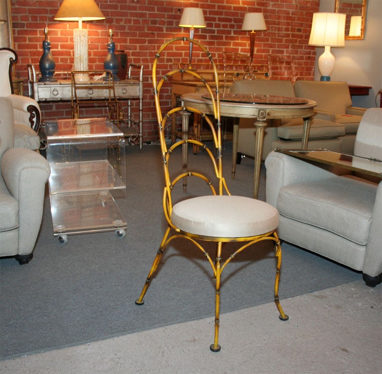 Set of 8 Highback Iron Faux Bamboo Chairs in original paint.  Seats are newly recovered. Seat height 18