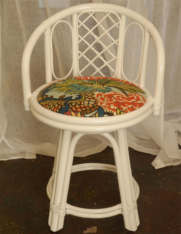 Pair of White Bamboo Style Chairs.  Low seating, vintage bamboo frames. Newly painted white with new, colorful Scalamandre seat upholstery.