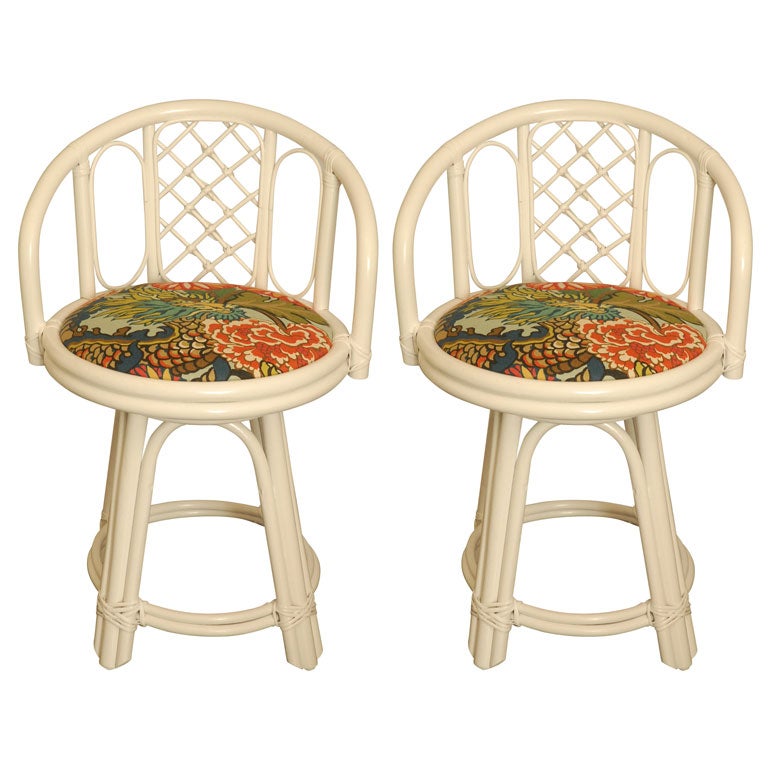 Pair of White Bamboo Style Chairs, Low Seating For Sale