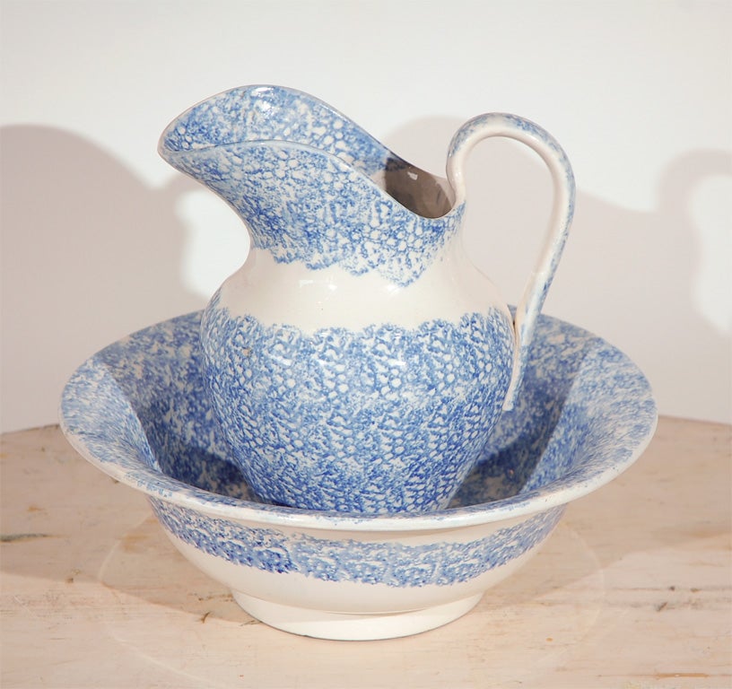 19THC RARE SPONGEWARE PITCHER&BOWL SET IN SOFT PASTE POTTERY