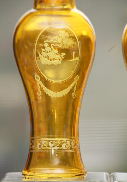Late 19th Century Pair of Handblown Amber Cut to Clear Crystal Covered Vases with Sailing Ships