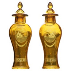 Pair of Handblown Amber Cut to Clear Crystal Covered Vases with Sailing Ships 10