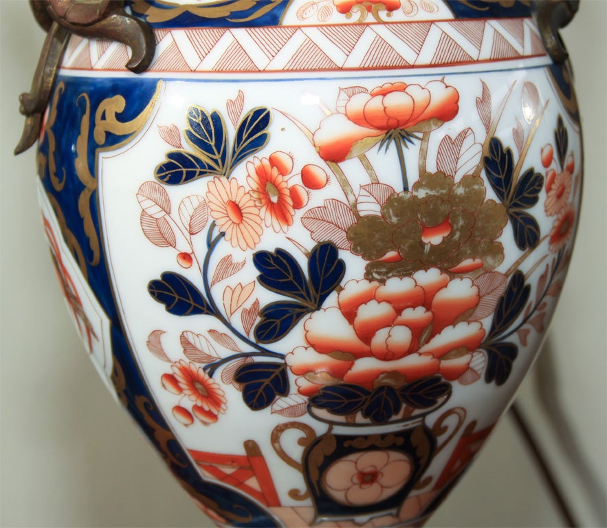 Pair of English Imari porcelain and metal mounted lamps