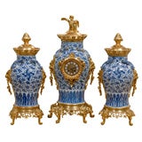Three Piece Blue and White Clock Garniture