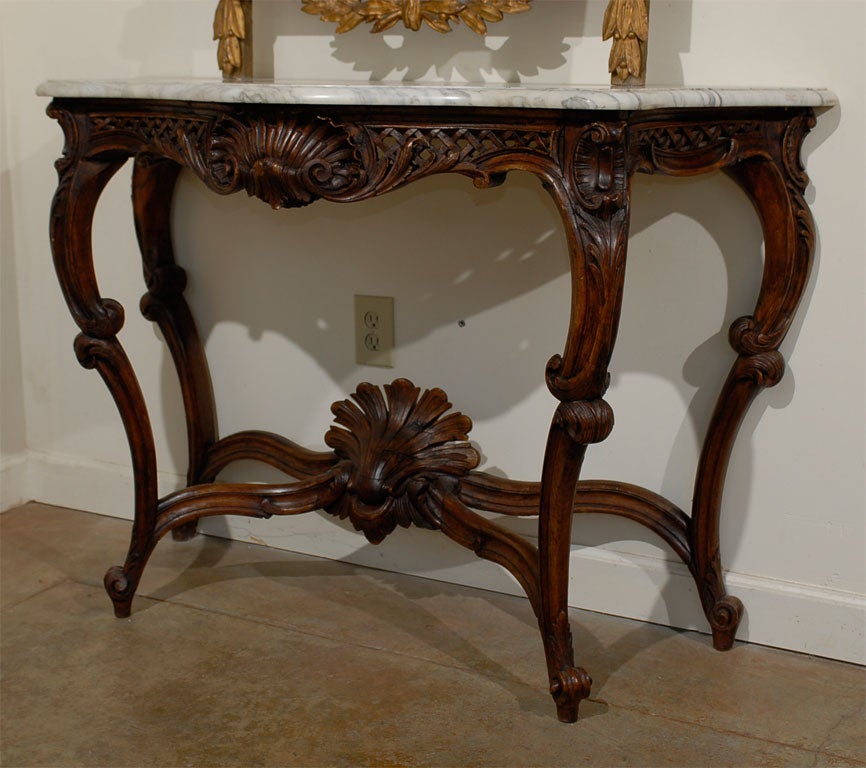 Hand-Carved French 19th Century Régence Style Walnut Console Table with Grey Marble Top