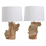 Pair of Coffee Wood Trunk Lamps