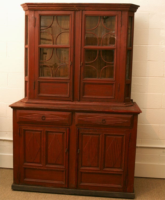 Barn red painted Swedish cabinet with 4 doors and 2 drawers original hardware and great fretwork upper doors