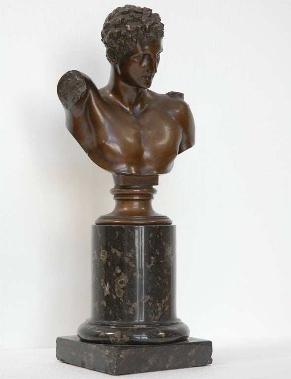 (Now on sale for 900.00, reduced from 1,800.00)
German Bronze Bust of Apollo on Marble Base - signed 'Aklien Gese Schaft Gladenbeck', with Gladenbeck + Sohn Foundry Mark