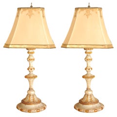 Antique Pair of Grand Italian Candlestick Lamps with Shades