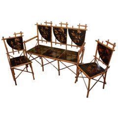 Antique Three Piece English Bamboo & Lacquered Parlor Suite