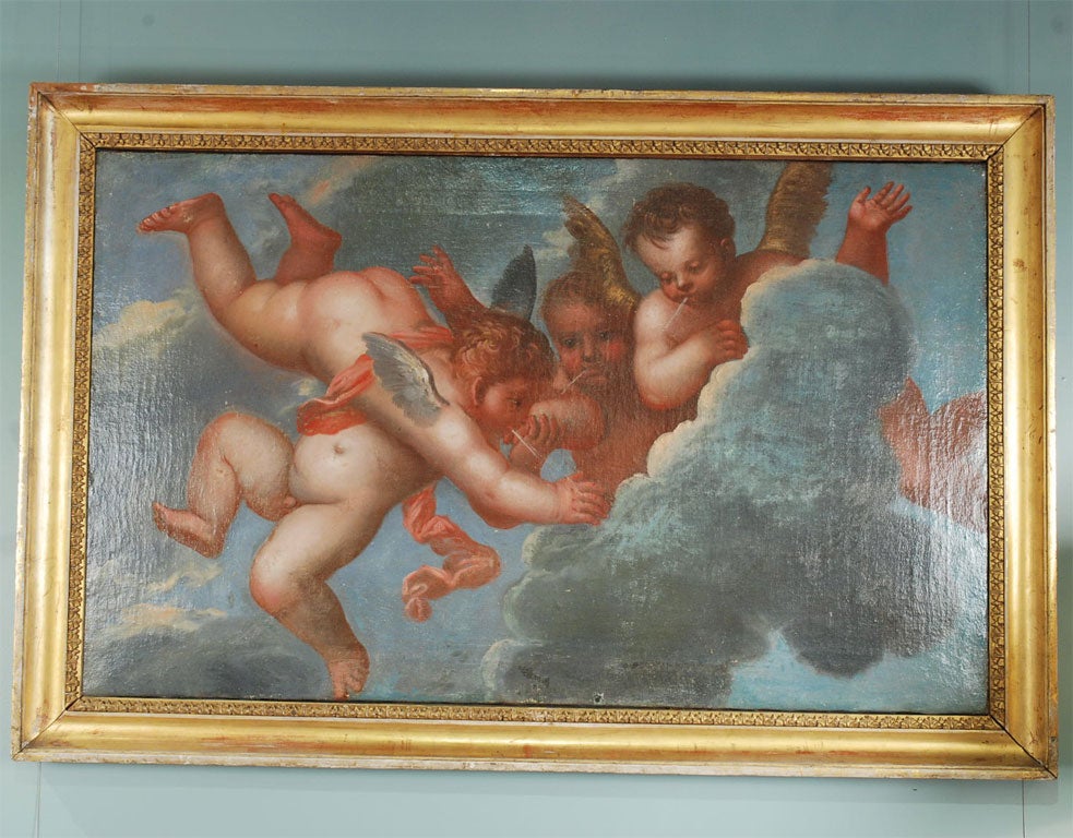 Gemälde der venezianischen Schule mit vier Engeln, die allegorisch die wechselnden Winde des Wandels und der Zeit darstellen. Unsigniert, vermutlich von einem Anhänger von Pietro Liberi (1605-1687), einem italienischen Barockmaler, der vor allem in