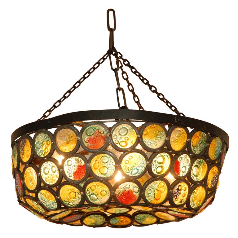 Artisanal Stained Slag Glass Chandelier